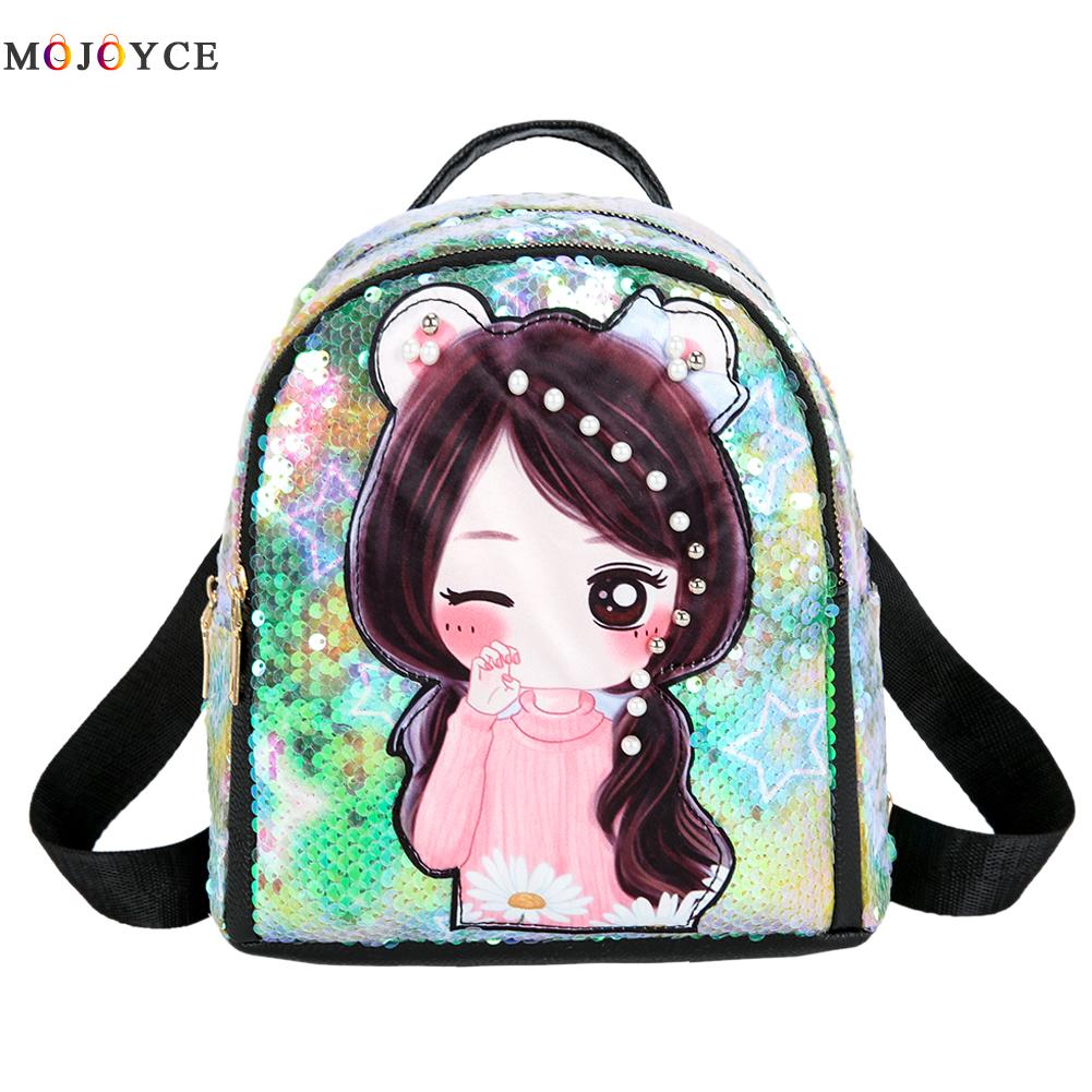 SchöNe Pailletten Frauen Mädchen Rucksack Karikatur Puppe Licht Schulter Schule Taschen: Blau
