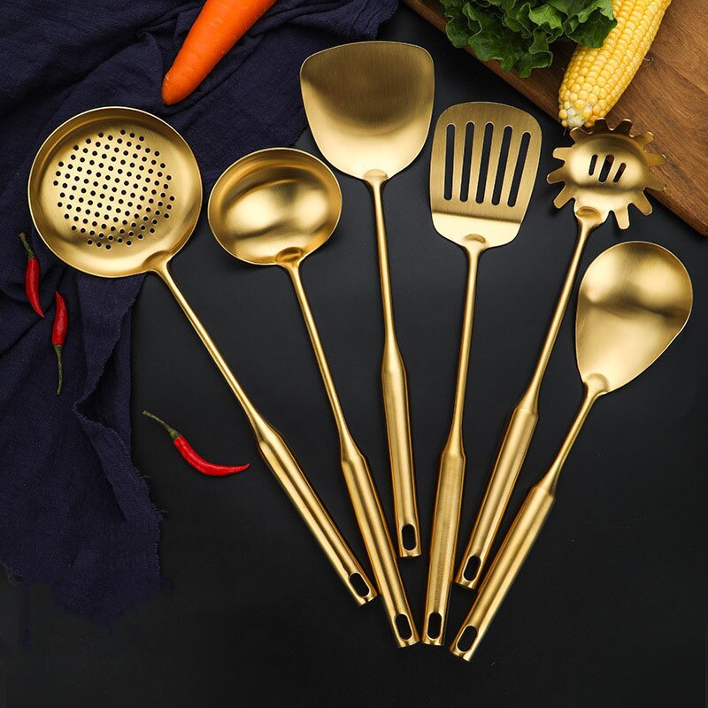 7Pcs Stainless Steel Kitchenware Set Luxury Golden Cooking Spoon Spatula Soup Colander Spatula Accessories Home Kitchen Tools