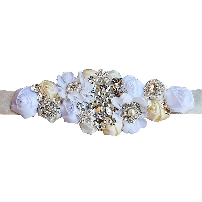JaneVini-cinturones para boda con abalorios, con flores, Burdeos, satén, rosas, boda, cinturón con cristales, cintas de banda de diamantes de imitación,: White and Beige