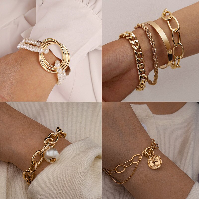 Bohemian Gold Tassel Bracelets for Women Boho Jewelry Geometric Portrait Beads Layered Hand Chain Charm Bracelet Set