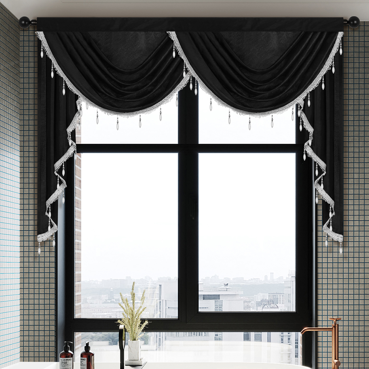 Rideau de cantonnière en tissu velours de style européen, cantonnière en tissu velours italien pour la décoration intérieure, poche la plus récente, divers documents au choix, cascade, 1PC: Black