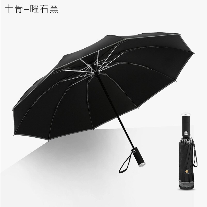 Women's Umbrella Automatic Windproof Fold Inverted Umbrella LED Flashlight 10/12K Reverse Reflective Stripe Rain Sun Umbrella: 10k black