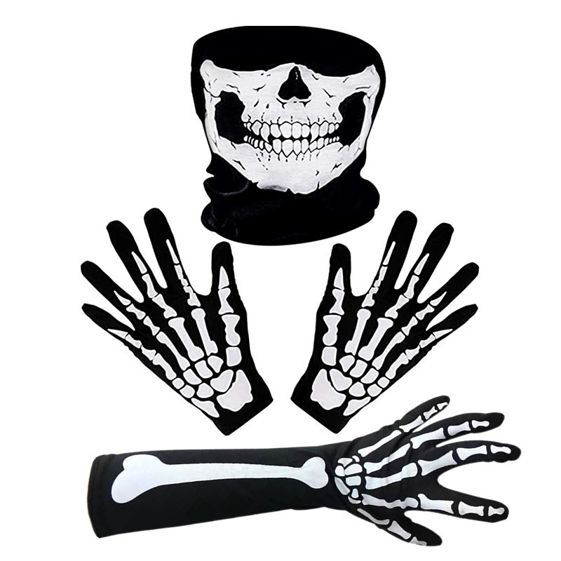 Guantes de esqueleto blanco para Halloween y máscara facial de calavera para adultos, disfraz de terror, , fantasma aterrador, suministros de disfraces para Cosplay
