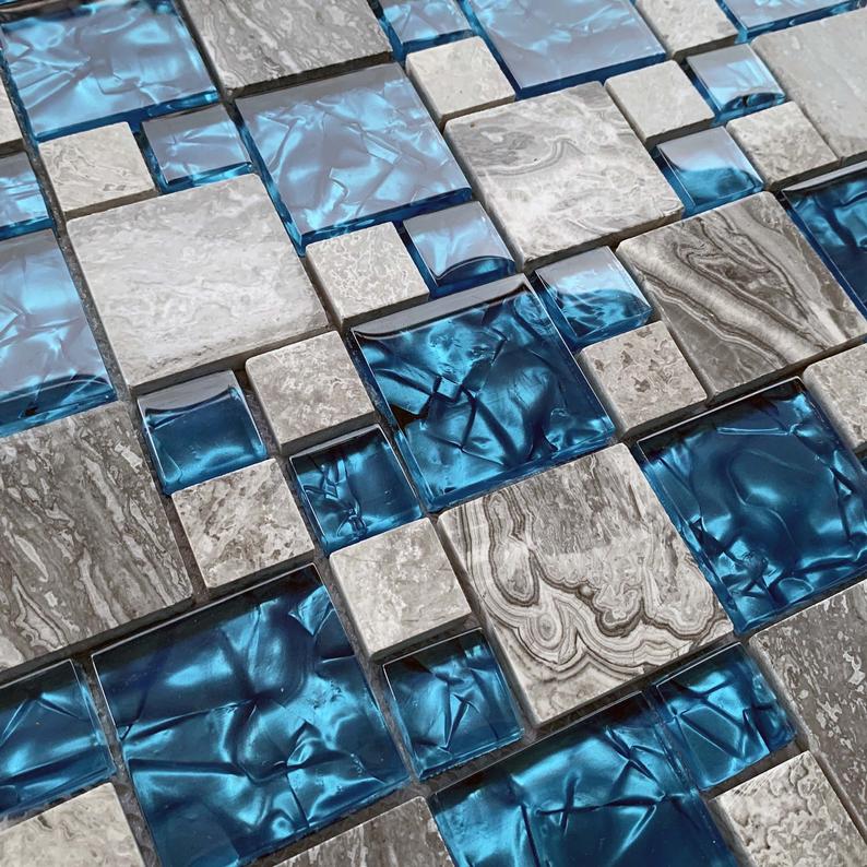 Gray Marble Stone Mix Blue Glass Mosaic Kitchen Backsplash Tile Bathroom Wall Tiles SGMT026A