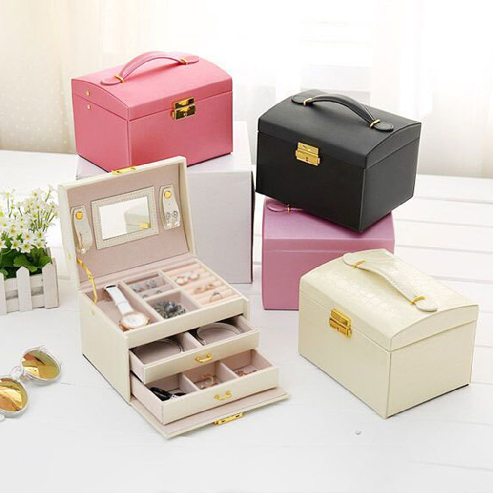 PU Leather Jewelry Storage Box Three Layer Double Drawer Makeup Organizer Dust Proof Jewelry Storage Box