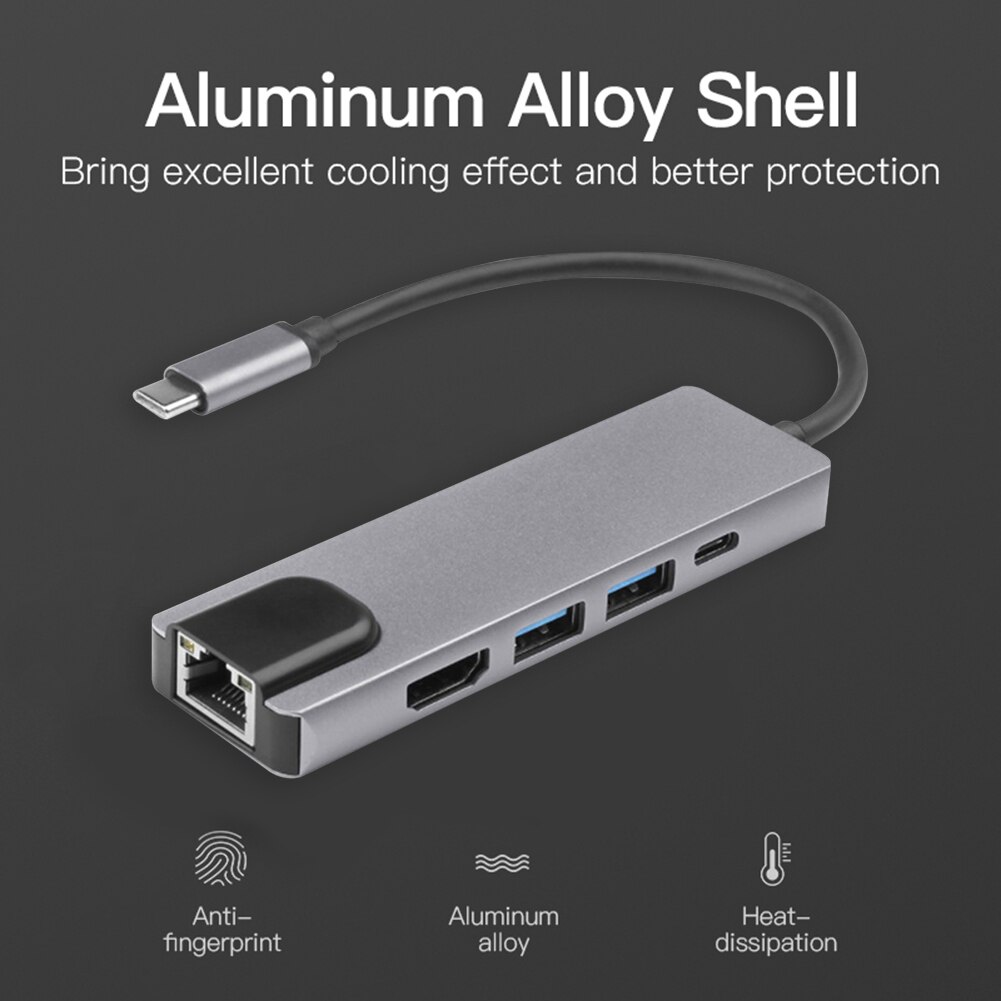 Uitbreiding Converter Adapter Coupler Type C Docking Station 5 In 1 Hub Converter 4K Hdmi-Compatibel 2 Usb 3.0 Lan RJ45 Adapter