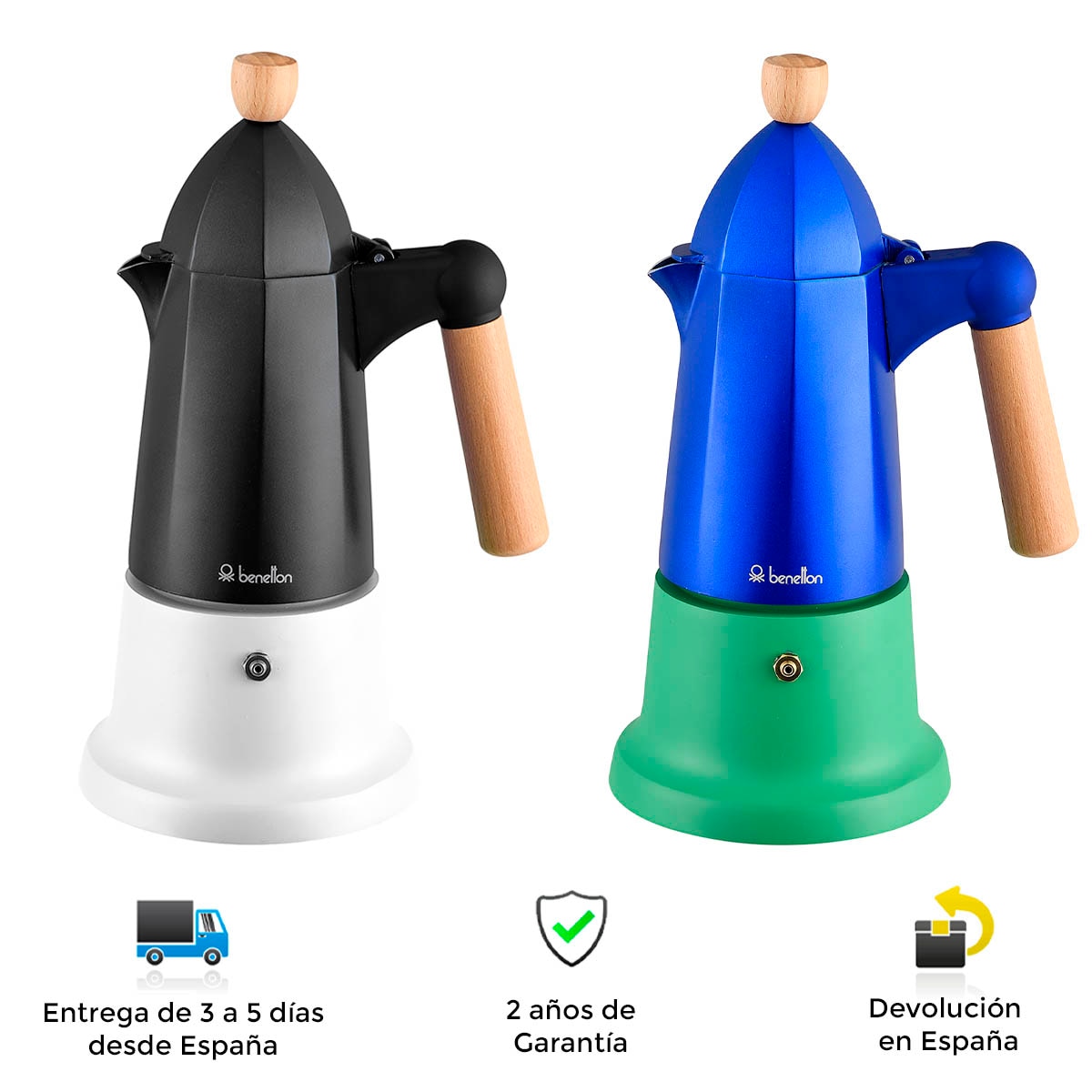 Cafetière italienne Benetton, en aluminium, moderne, originale, robuste, durable, fonctionnelle, 6 tasses, poignée, facile à utiliser et à nettoyer, machines à café italiennes