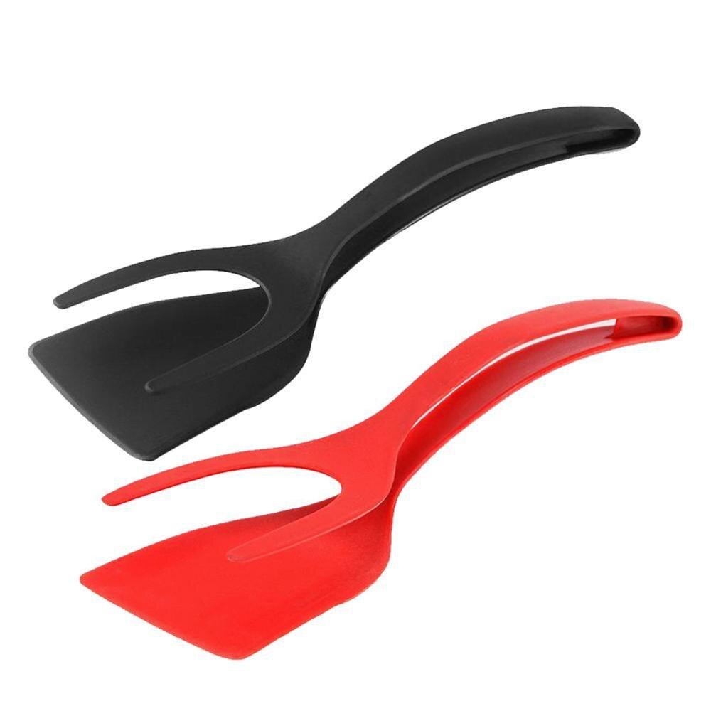 2 stuks 2-in-1 grip en flip spatel tang, 2-in-1 spatel en tang, ei flipper spatel, pannenkoek vis Franse toast omelet maken voor thuis keuken koken gereedschap (rood zwart