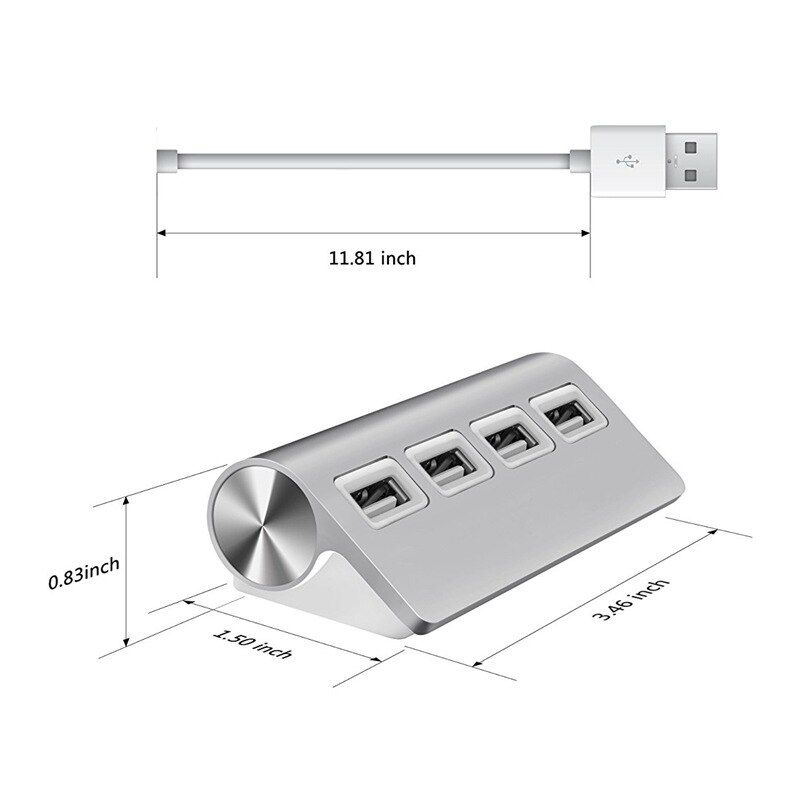 Usb-hub, premium 4- poorts aluminium usb-hub met 11 inch afgeschermde kabel voor imac, s, pc's en laptops