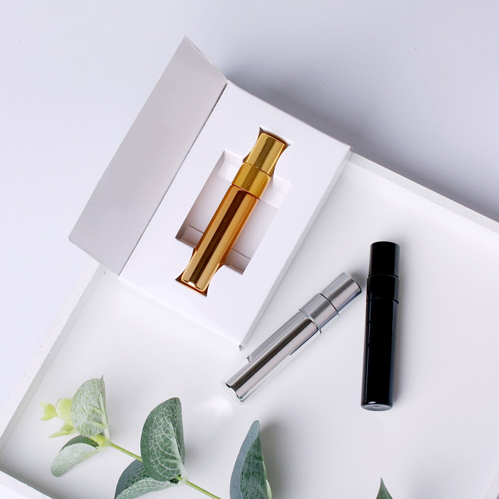 100 sztuk/partia 5ml mini butelka perfum aluminiowe butelki z atomizerem próbką puste złoto srebro czarne szklane fiolki