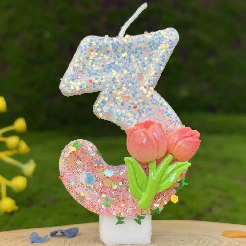 Pink Glitter Tulip Flower Candles for Birthday Party Anniversary Cake Decoration Atmosphere Decoration Photography Props: cameo