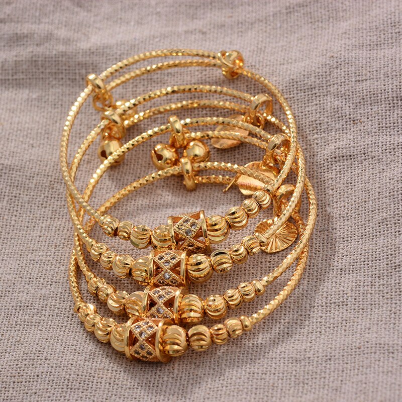 24K 4pcs Boys Girls Ethnic Gold Color Dubai Bangles Ethnic Lucky Bangles Bracelets Girl Bride Dubai Bangles Child jewelry