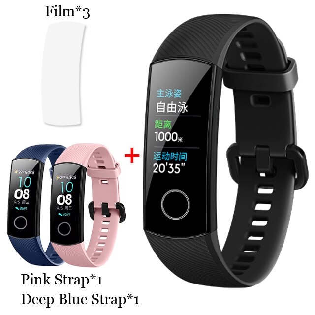 Original huawei honor band 5 pulseira inteligente oxímetro tela de toque cor mágica nadar detectar freqüência cardíaca sono nap honra band5: BLK n Film n DBLU PK