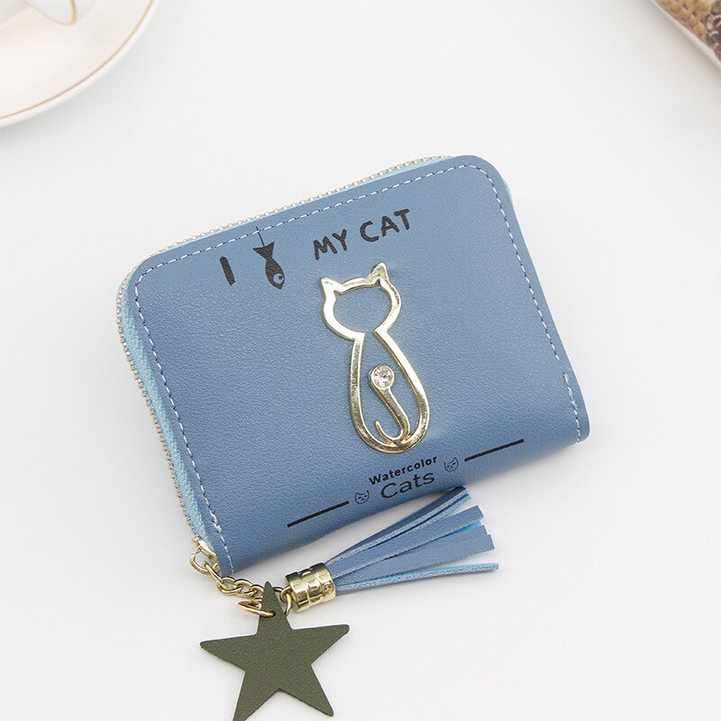 Portemonnee dames mini kwastjes portemonnee dames mini portemonnees koreaanse studenten mooie metalen katten portemonnee dames kleine portemonnees: Blauw