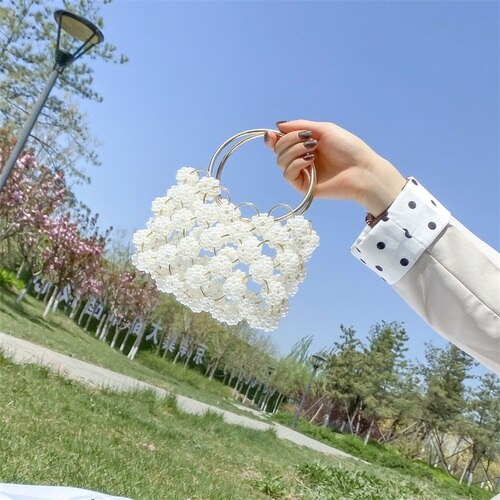 Handwoven Shoulder Bucket Bag - Vintage Acrylic Pearl & Plastic Beads - Evening Party Clutch: 2