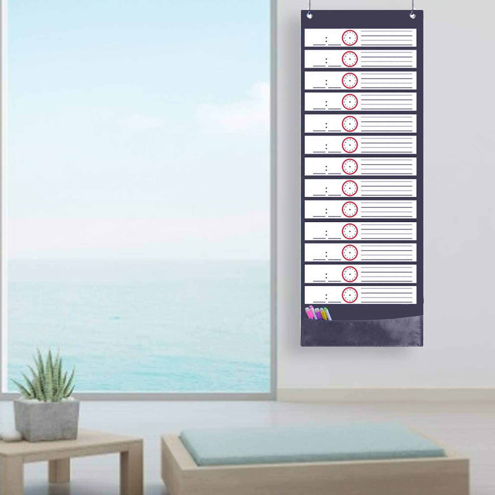 Classroom Pocket Chart Over Door Mounted with 18 Dry Erase White Cards for Home School