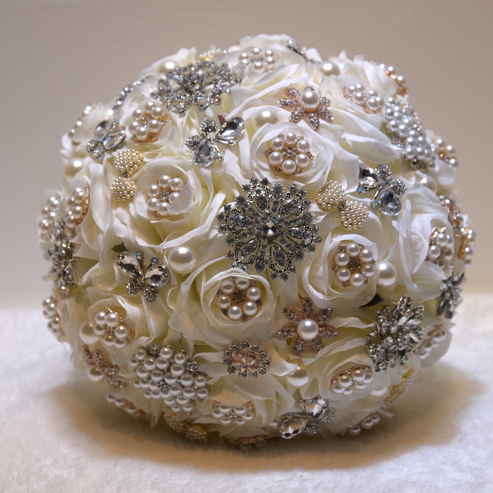 Kyunovia Kleuren Luxe Crystal Broche Boeket Kunstbloemen Boeket Steentjes 25Cm Grote Bruid Bruiloft Boeket GC11: WHITE