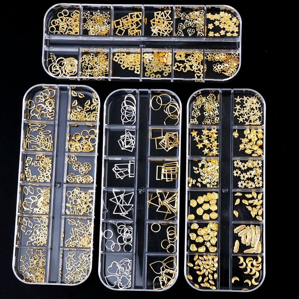 Diy 3D Metal Nail Decoratie Nail Accessoires 12 Dozen/Box Art Gemengde Sieraden Metalen Goud/Zilver Klinknagels Ster maan Decoratie