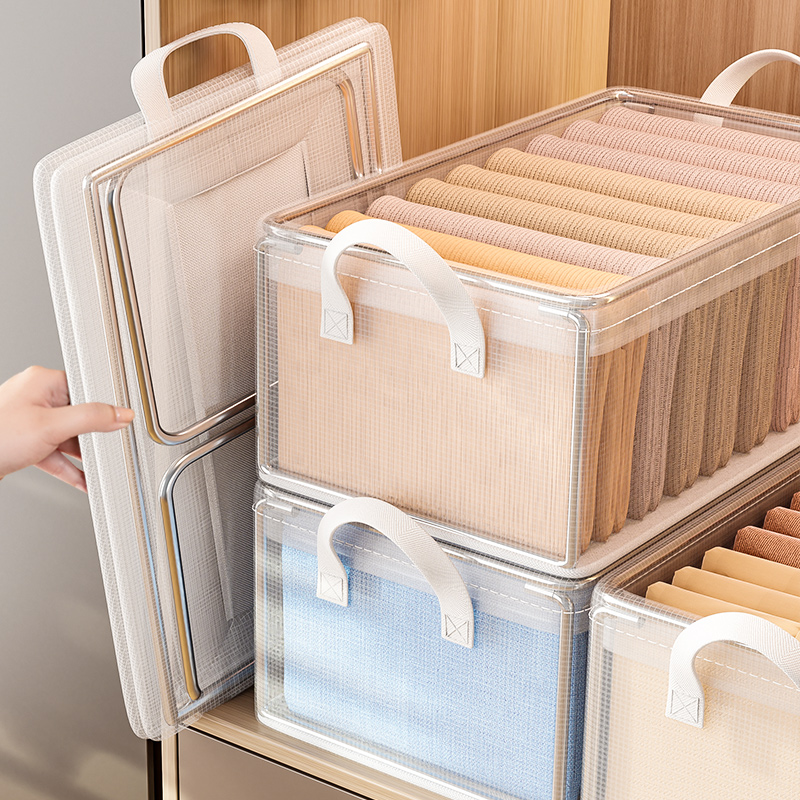 Cesta de almacenamiento transparente de PVC para ropa, caja de almacenamiento de ropa interior, marco de acero inoxidable, organizador de guardarropa, caja de tela impermeable