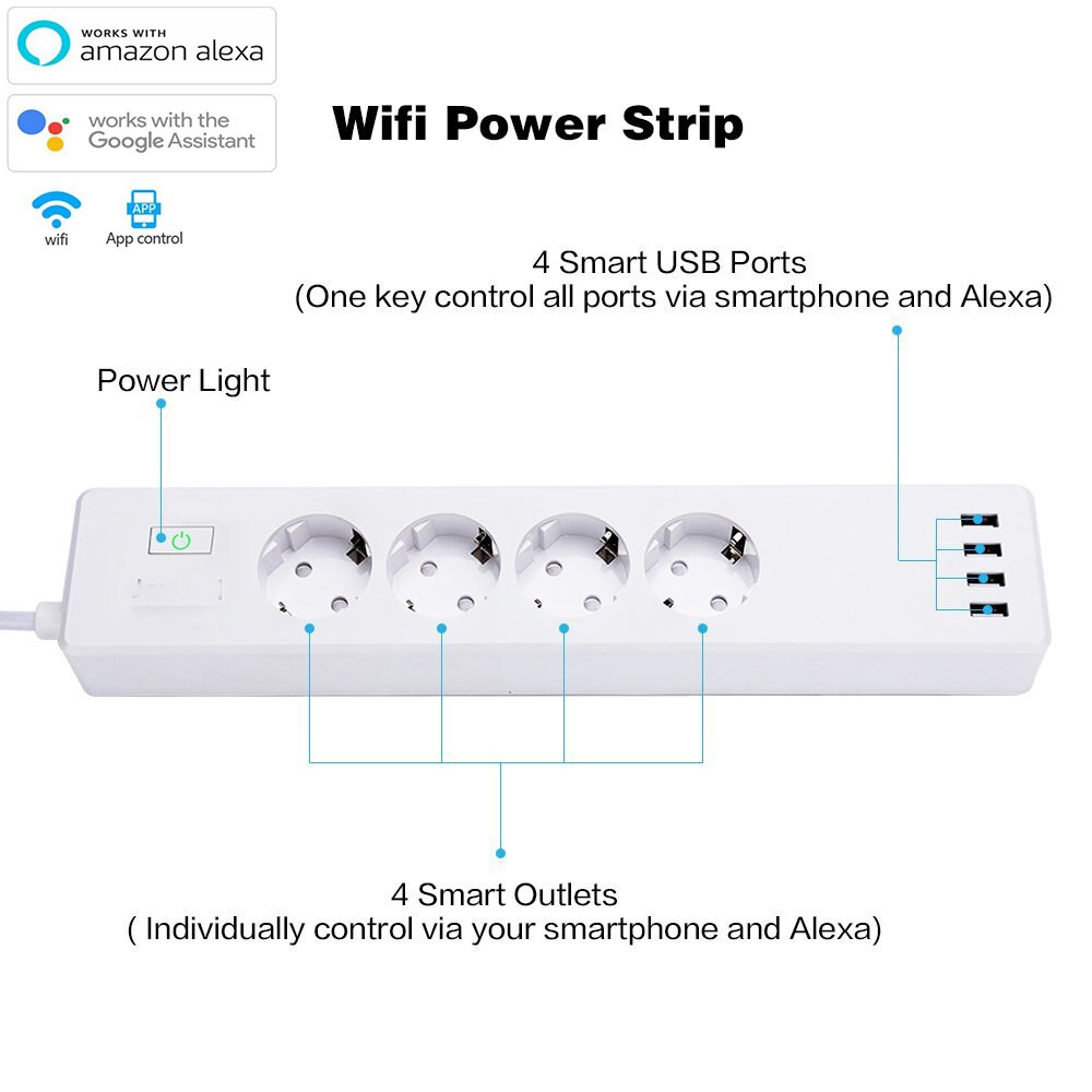 Smart Wifi Power Strip Eu Uitschuifbare Socket Met 4 Plug En 4 Usb Socket Poort Compatibel Met Alexa En Google nest