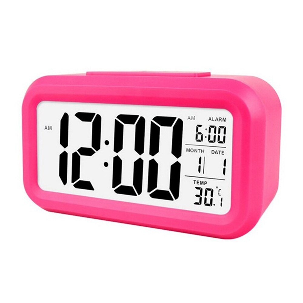 Smart Digital Alarm Clock with Date and Temperature Snooze Button on Top Battery Operated Rectangle Desk Clock with Night Light: Pink