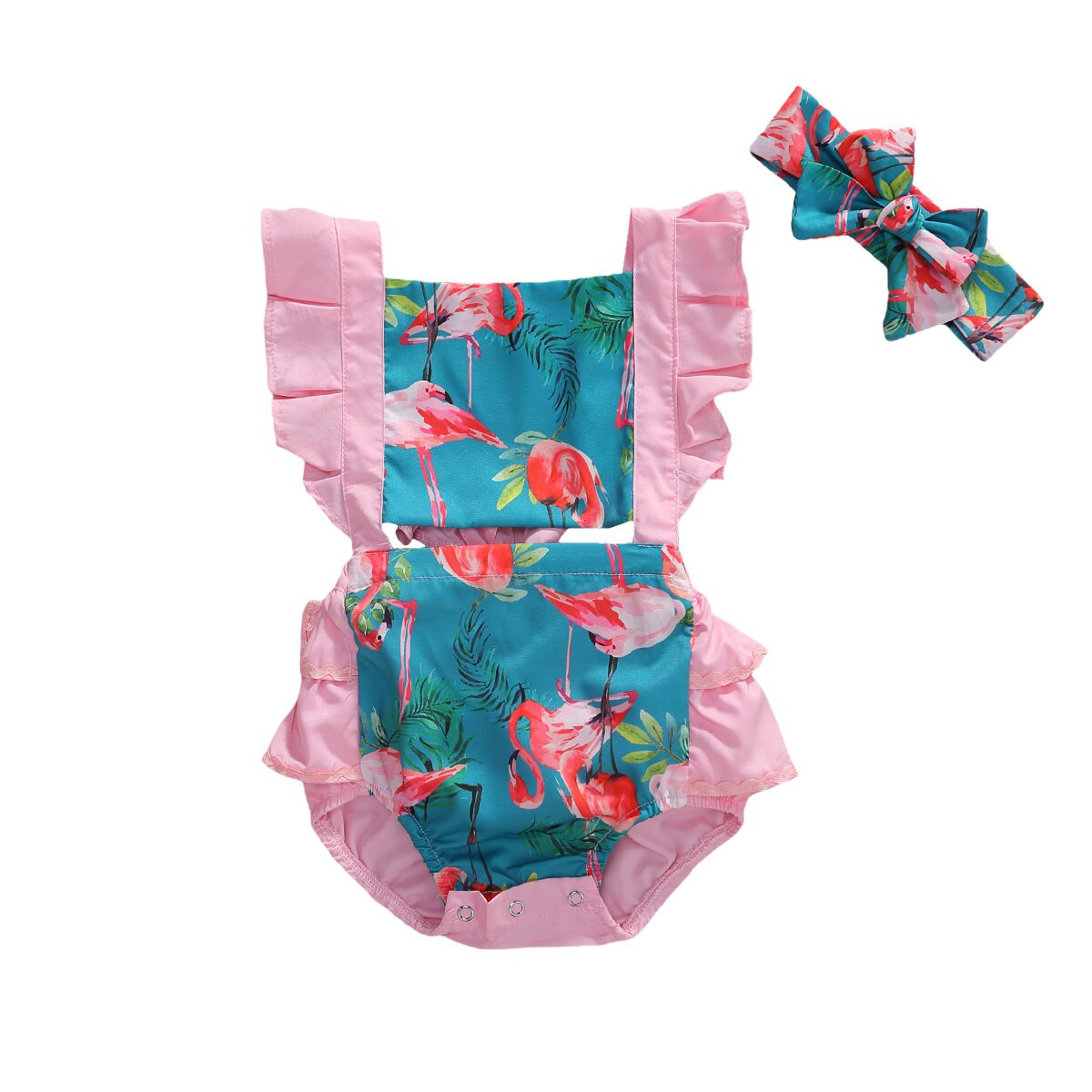 Verão infantil bebê meninas bodysuits bandana flores impressão babados manga curta macacões outfits: Rosa / 12 m
