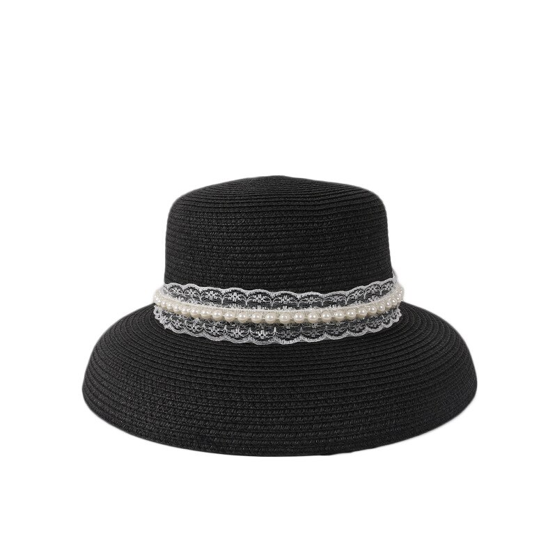 Modieuze strohoed strandhoed dames zomer strand zonnehoed buiten zonnehoed reizen grote dakrand zonnehoed: Zwart wit lint