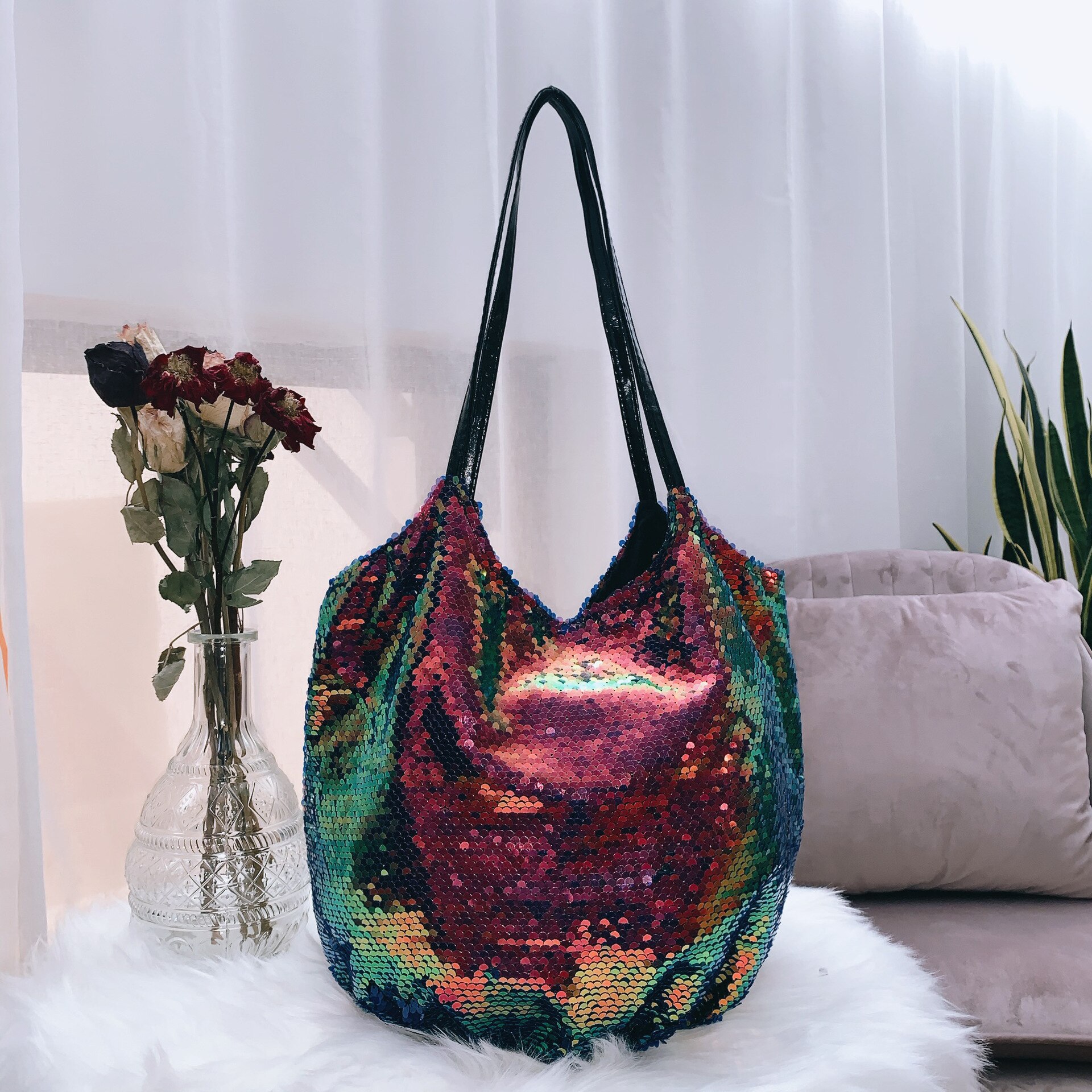 Bag for Women All-Match Big Bag Sequins Tote One Shoulder Bag Handbag Simple Cloth Bag Large Capacity Magnetic Button: Rainbow colors