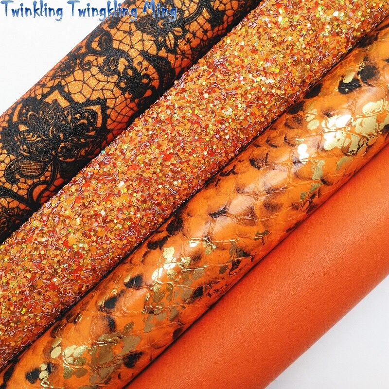 Cuero con purpurina naranja, tejido brillante con flores de encaje, hoja de tela sintética de serpiente para lazo de 21x29CM, centelleante, KM312