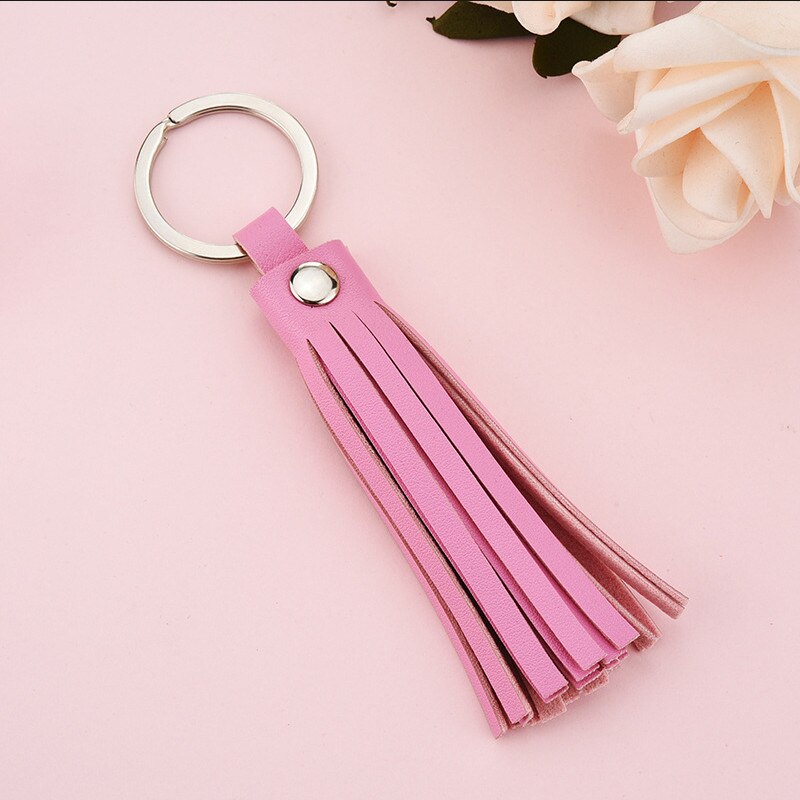Läder tofs nyckelring väska bil charm nyckelring diy hänge sommar tillbehör kvinnor smycken: Rosa