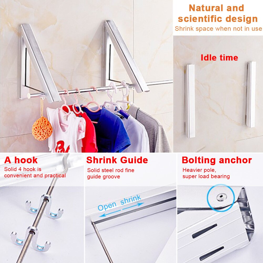 Folding Wall Mounted Laundry Balcony Home Clothes Hanger Drying Rack Tool Bathroom Retractable Multifunction Adjustable Indoor