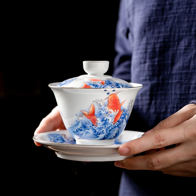 145ml keramiska teterriner porslin gaiwan karp teskål tefat lock set tefest teserviser dryckeskärl kopp dekor hantverk: Default Title