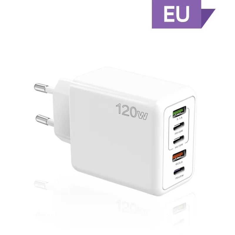 120W 5 Port USB Charger Type C QC 3.0 Fast Charging Mobile Phone Wall Adapter EU/US/UK Plug for iPhone 15 Samsung Xiaomi Huawei: IL