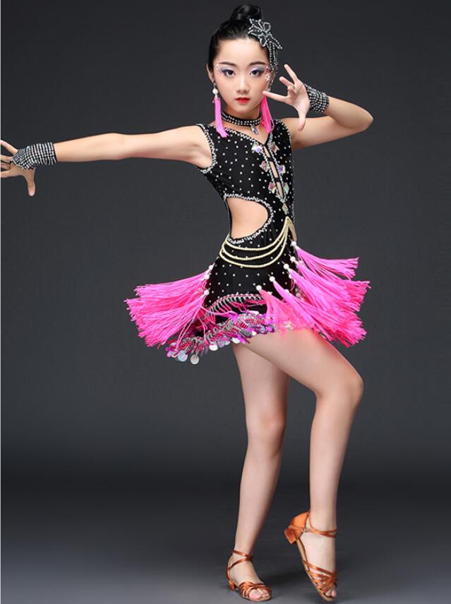 Fringe Girls Competition Latin Dance Dress Black Ballroom Dance Costume Modern Dance Clothes Stage Party Festival