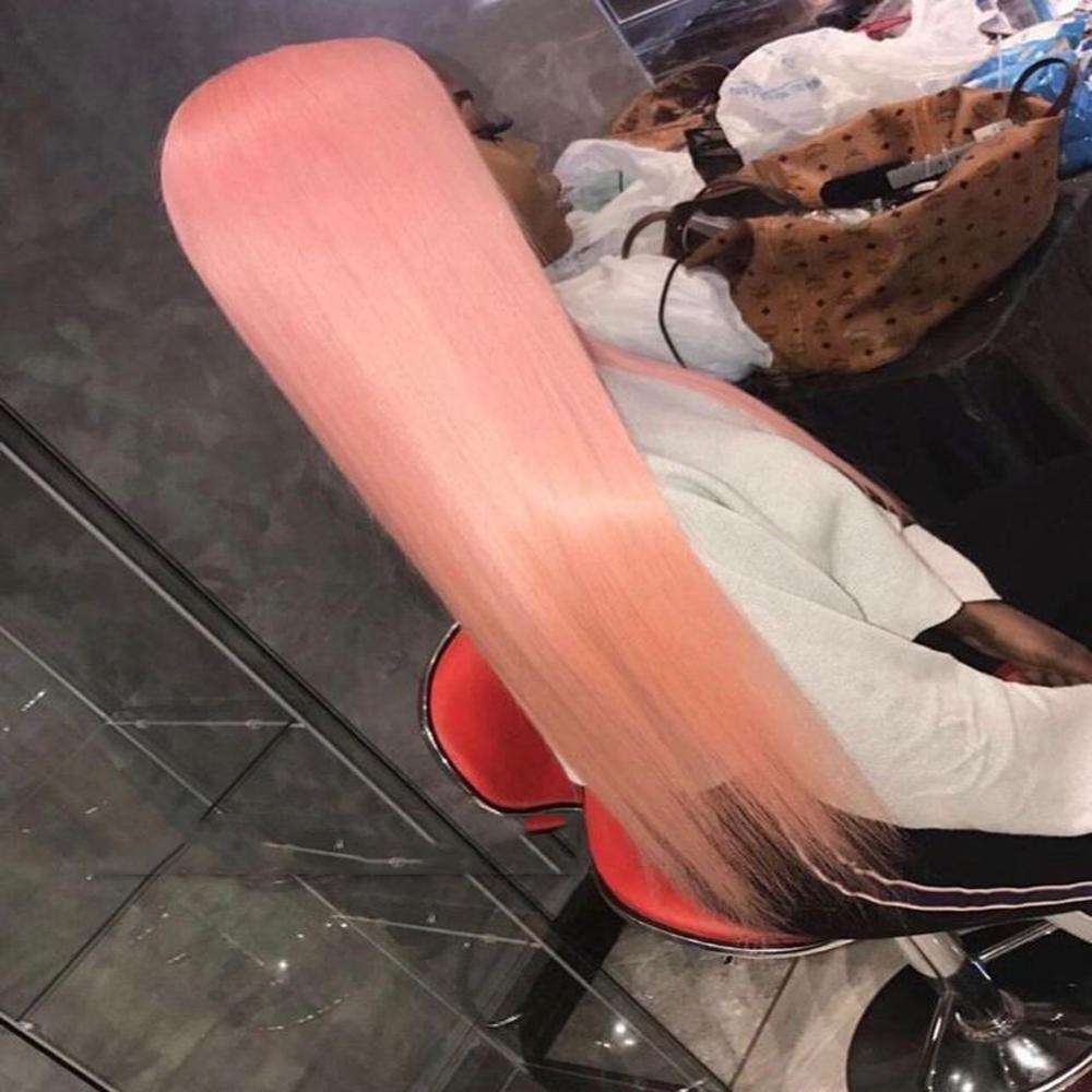 DLME perruque longue droite rose couleur de cheveux perruques de dentelle synthétique sans colle bébé cheveux avant de lacet perruques pour les femmes