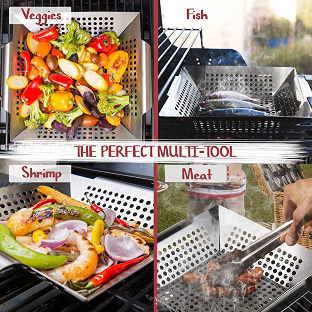 Barbecue Grill Pan Baking Tray Stainless Steel Square Vegetable Grill Basket BBQ Grid Topper Veggies Barbecue Wok Tool