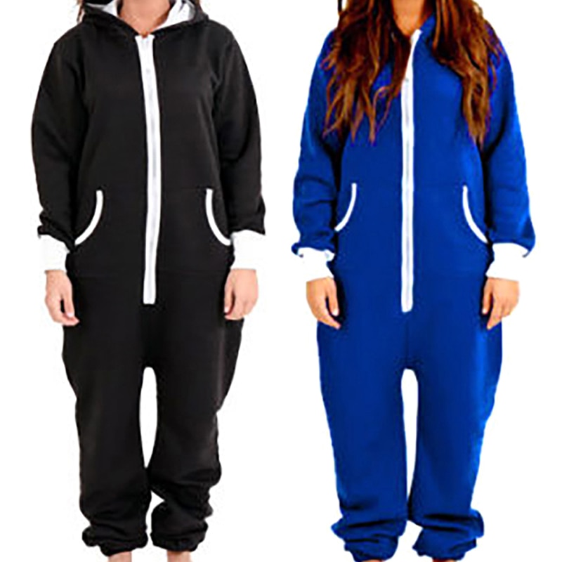 Winter Hooded Pajamas Set Adult Onesie For Women Men Couple Long Sleeve Black Blue Pajamas Set One Piece Sleepwear