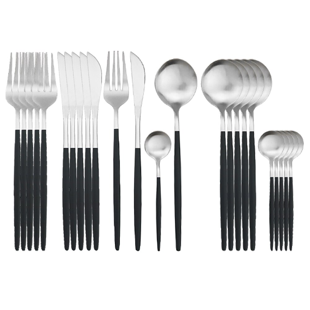 Couverts bleu en acier inoxydable 410, 24 pièces, service de table, coutellerie, cuillère, fourchette, couteau, argenterie, coutellerie: Black Silver