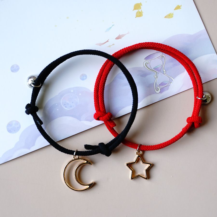 2 pçs estrela lua magnética casal pulseira conjunto para homens mulheres na moda artesanal corda corrente amizade pulseira ajustável jóias: A-E