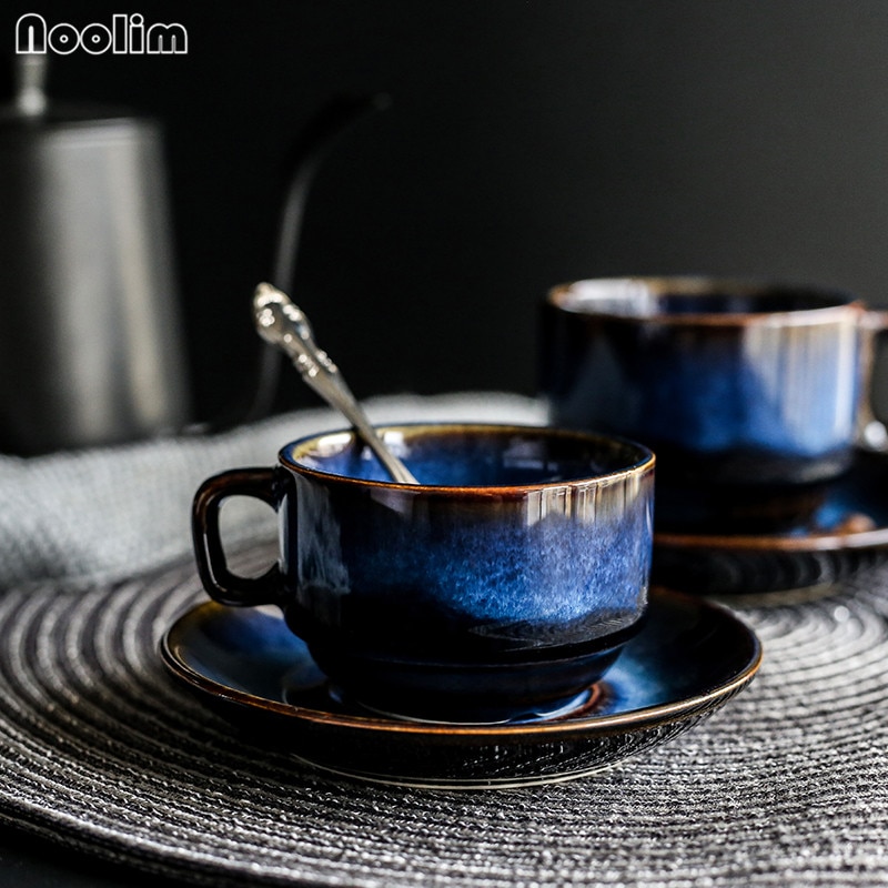 Ceramic Deep Blue Coffee Cup Saucer Set Breakfast Afternoon Tea Cup Set Antique Coffee Cup