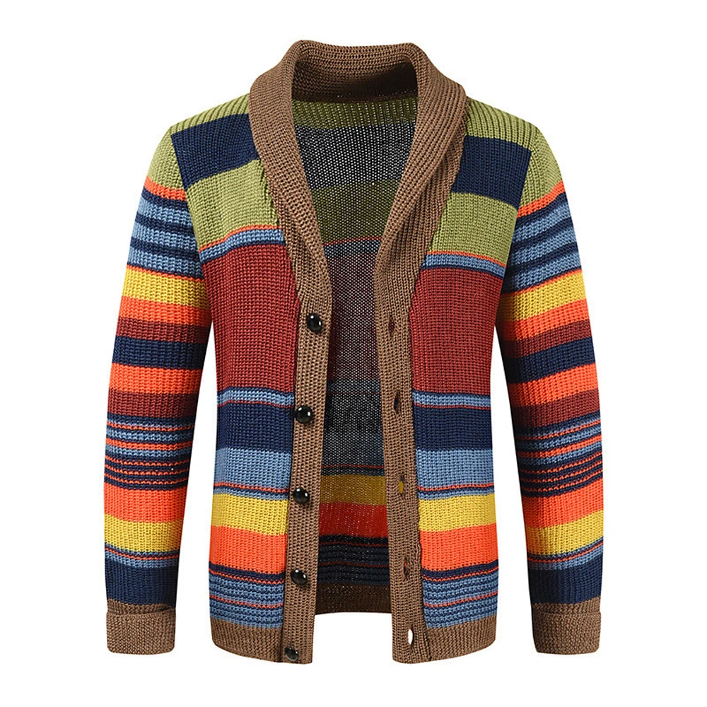 Herbst Winter Herren Regenbogen Revers Pullover Mantel Knopf Langarm farblich passend Strickjacke Mantel lässig lose Straße Herren bekleidung: M