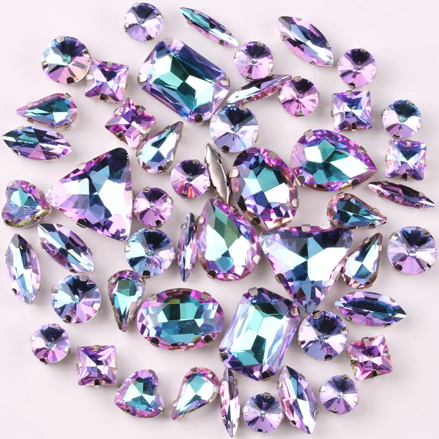 Zilveren klauwzettingen 50 stuks/tas vormen mix violet regenboog glas kristal naaien op strass trouwjurk schoenen tassen doe-het-zelf afwerking
