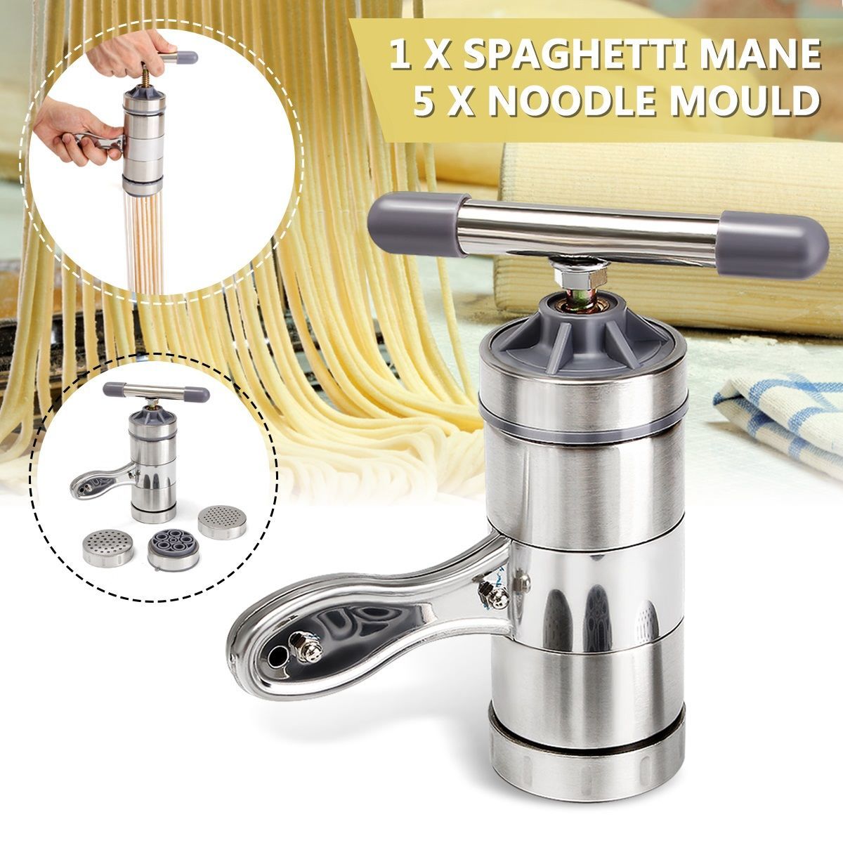 Rustfrit stål manual til maskine til maskine af spaghetti pasta nudler maskine, pressemaskine presset hjem med 5 presseform