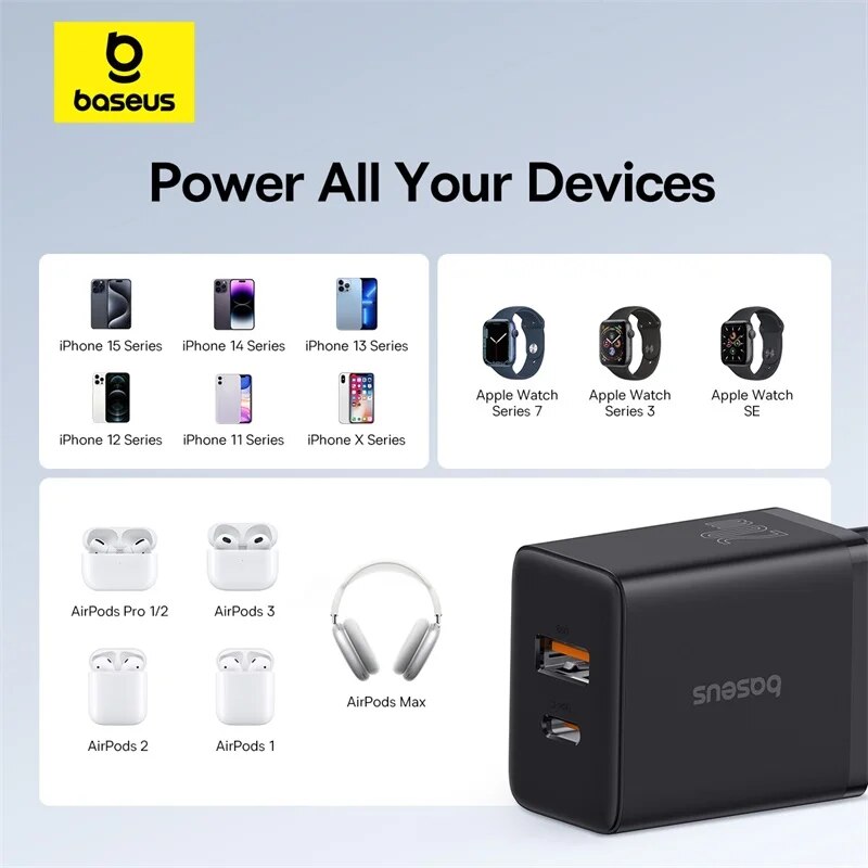 Baseus Chargeur USB Type C PD, Charge Rapide, 20W, iPhone 16, 15, 14, 13, 12, 11, Xiaomi, Écouteurs, Chargeur de Téléphone Rapide