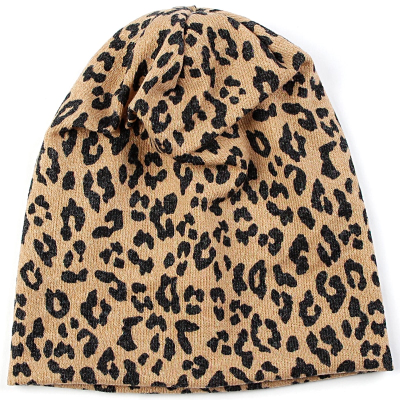 Geebro dam mössa randig kvinnlig mössa skullies casual polyester bomull leopard halsduk keps höst vinter varma mössor: Beige