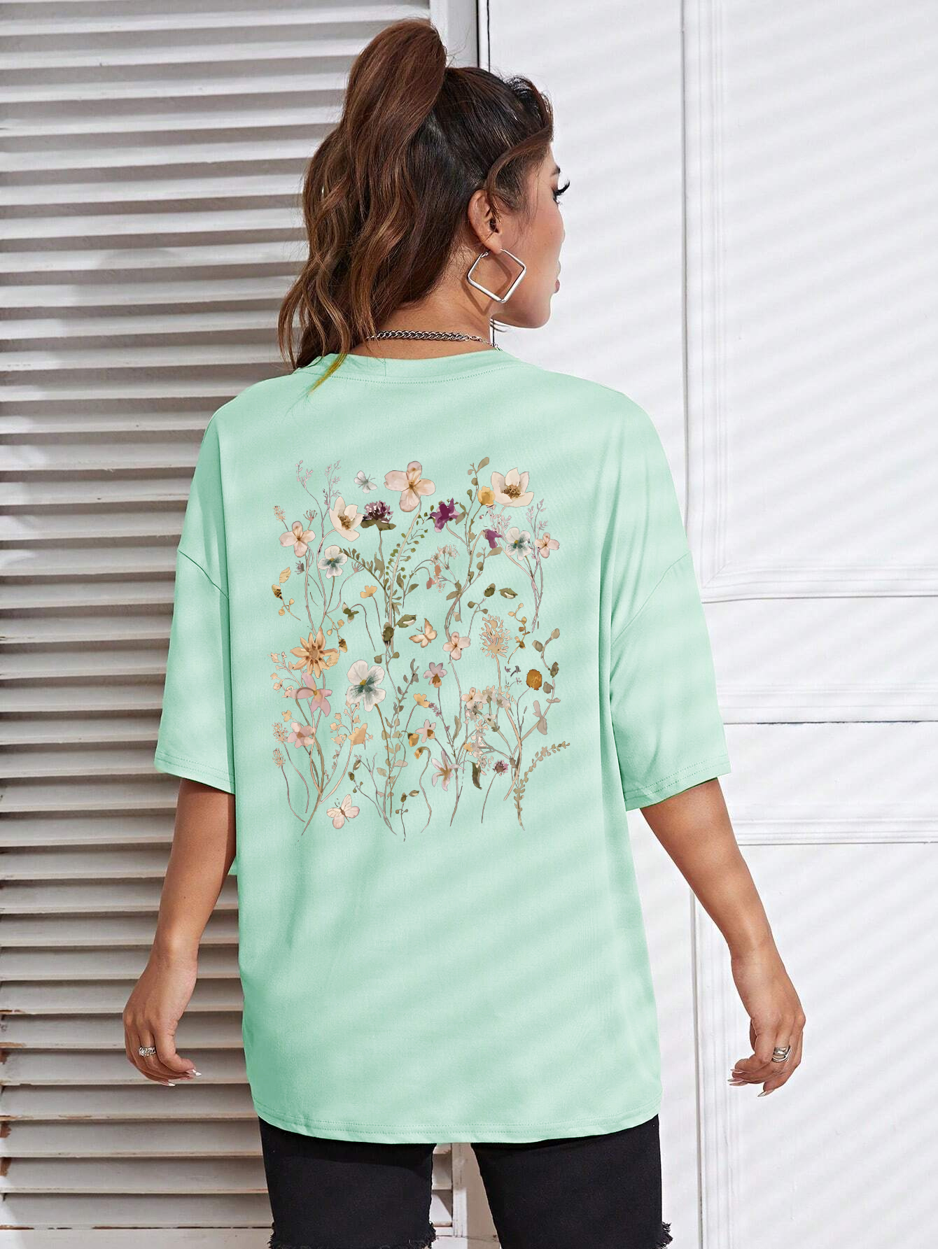 Lindas clusters de flores estampadas de algodão camisetas femininas casuais respiráveis macias manga curta tops soltos e confortáveis roupas de rua: XXXL / Verde exército