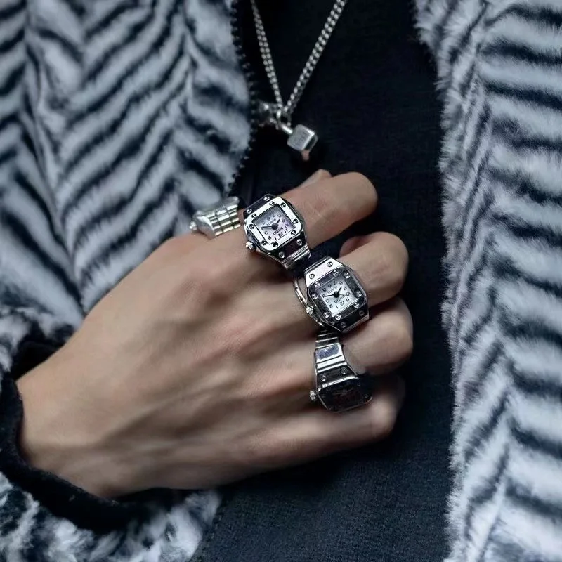 Anillo de reloj colorido para hombre y mujer, puntero Retro plateado, reloj de cuarzo, anillos para dedo, correa de aleación Punk, relojes, accesorios de joyería