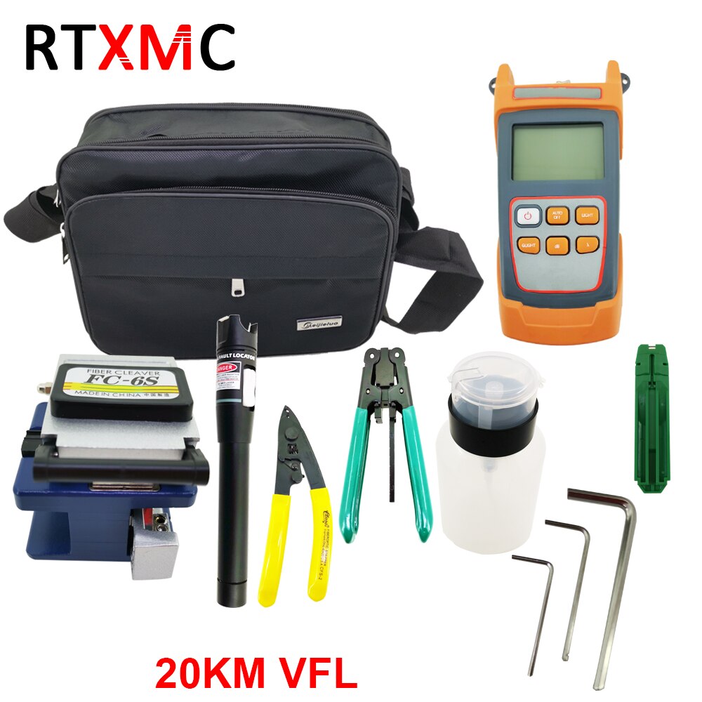 19Pieces /Set FTTH Fiber Optic Tool Kit With Cleaver -70~+10dBm Optical Power Meter Visual Fault Locator 10mw FC-6S