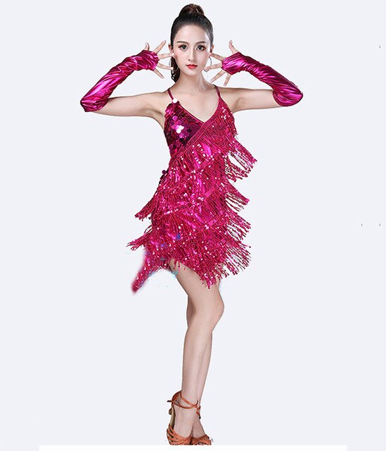 Traje de baile latino con lentejuelas para mujer, vestido de brillante, vestidos de baile de Samba, Rumba, Tango, Salsa, Cha, etapa, vestido de LatinDress para adultos: Hot Pink