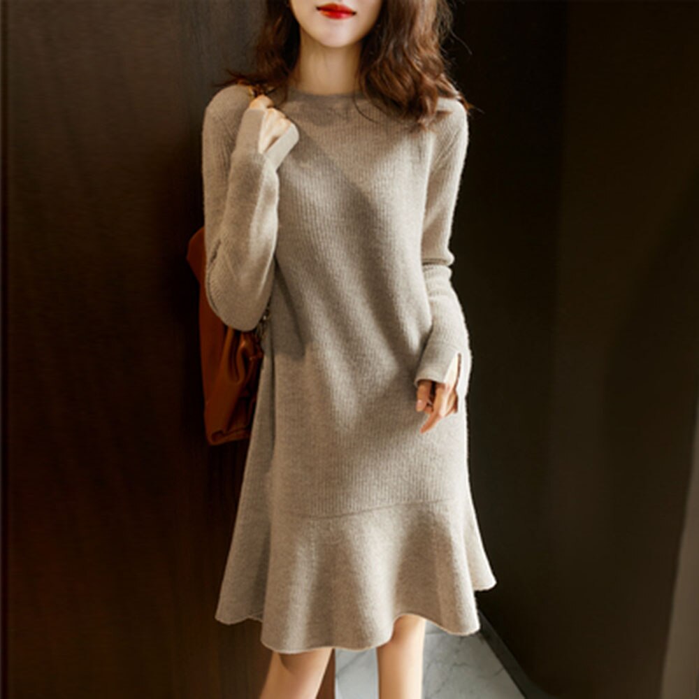 Vrouwen Trui Jurk Herfst Winter Lange Mouwen Ronde Hals Effen Kleur Ruches Zoom Gebreide Jurk Casual Vestidos Gewaden Koreaanse: Beige